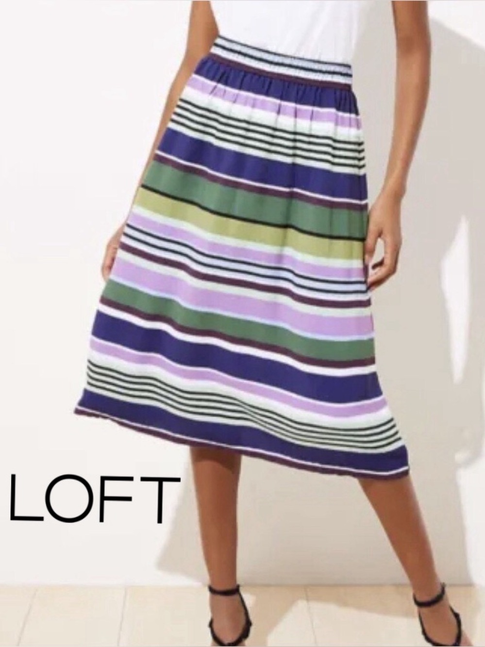 💚💜 LOFT Multi Stripe Midi Skirt | Elastic Waist Pull-On | Size M NWOT
